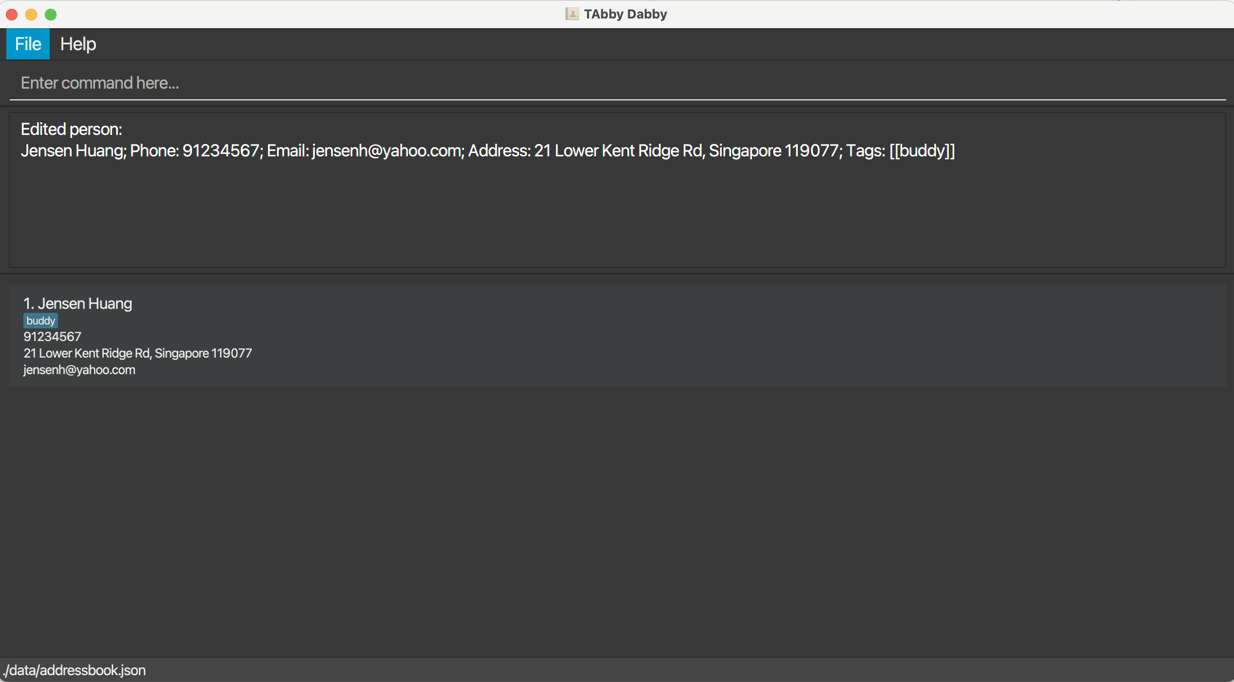 Result for `edit 1 p/91234567 e/jensenh@yahoo.com`